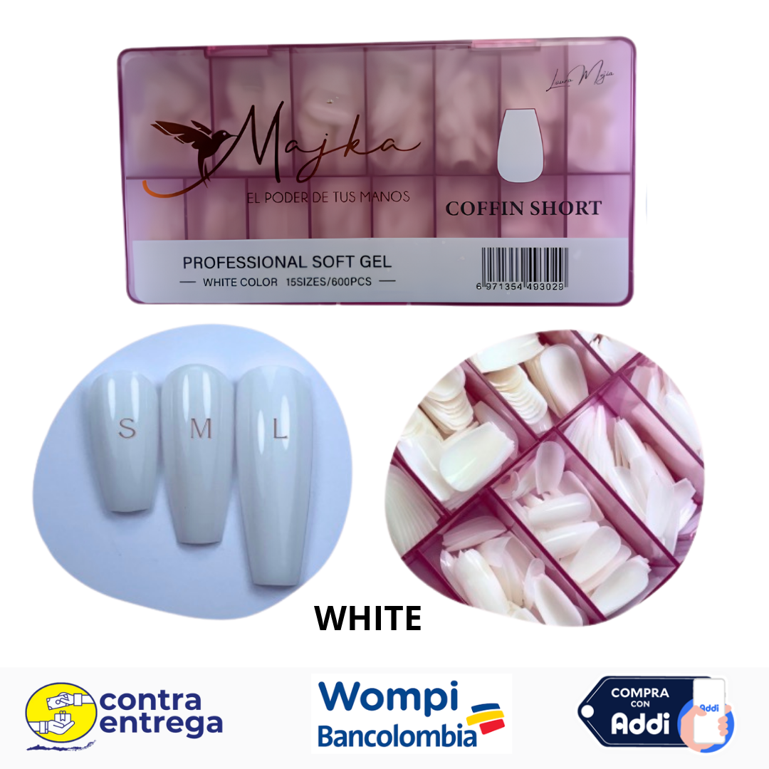 SET X600 UÑAS SOFT GEL COFFIN SHORT WHITE MAJKA 🤍💅✨