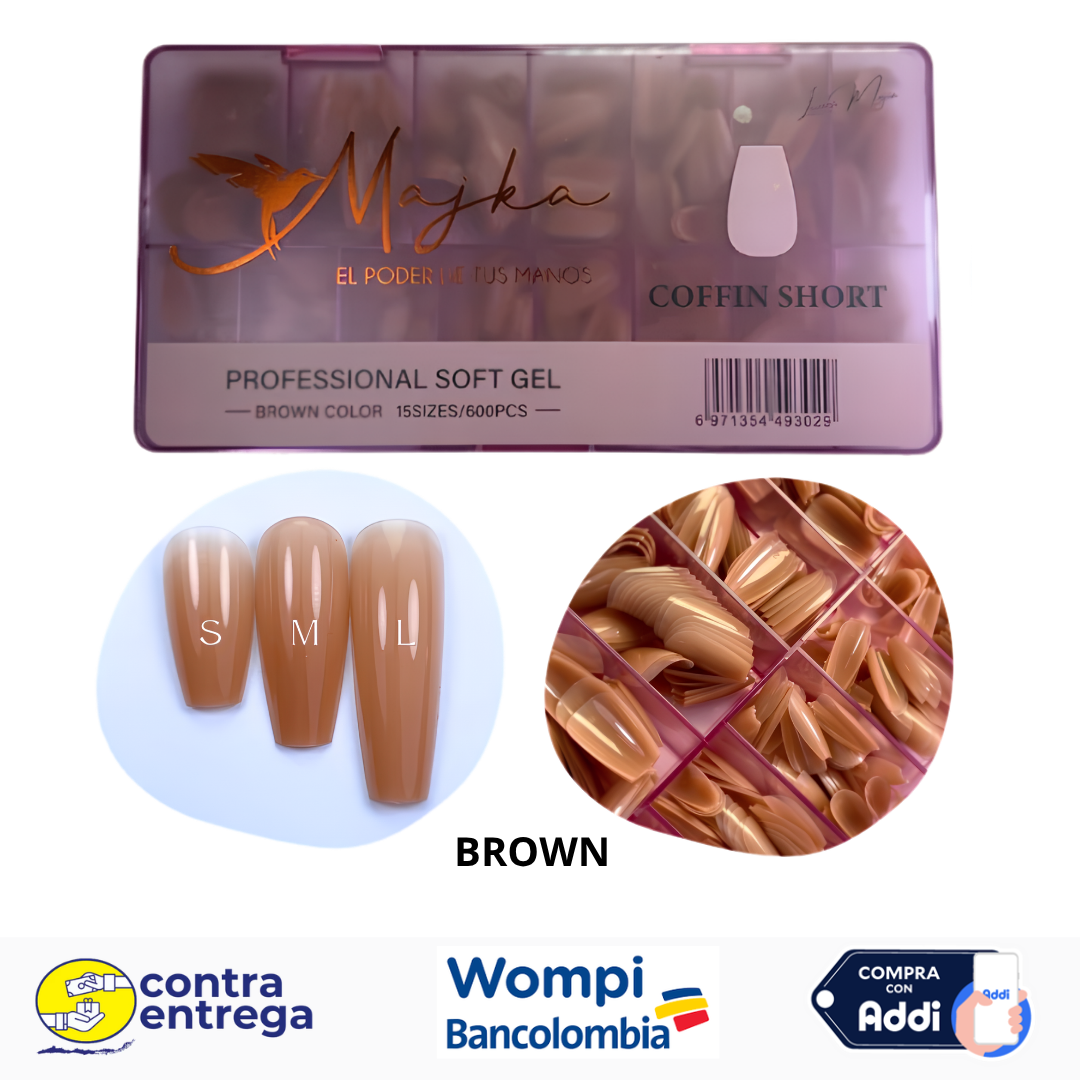 SET X600 UÑAS SOFT GEL COFFIN SHORT BROWN MAJKA 🤎💅✨