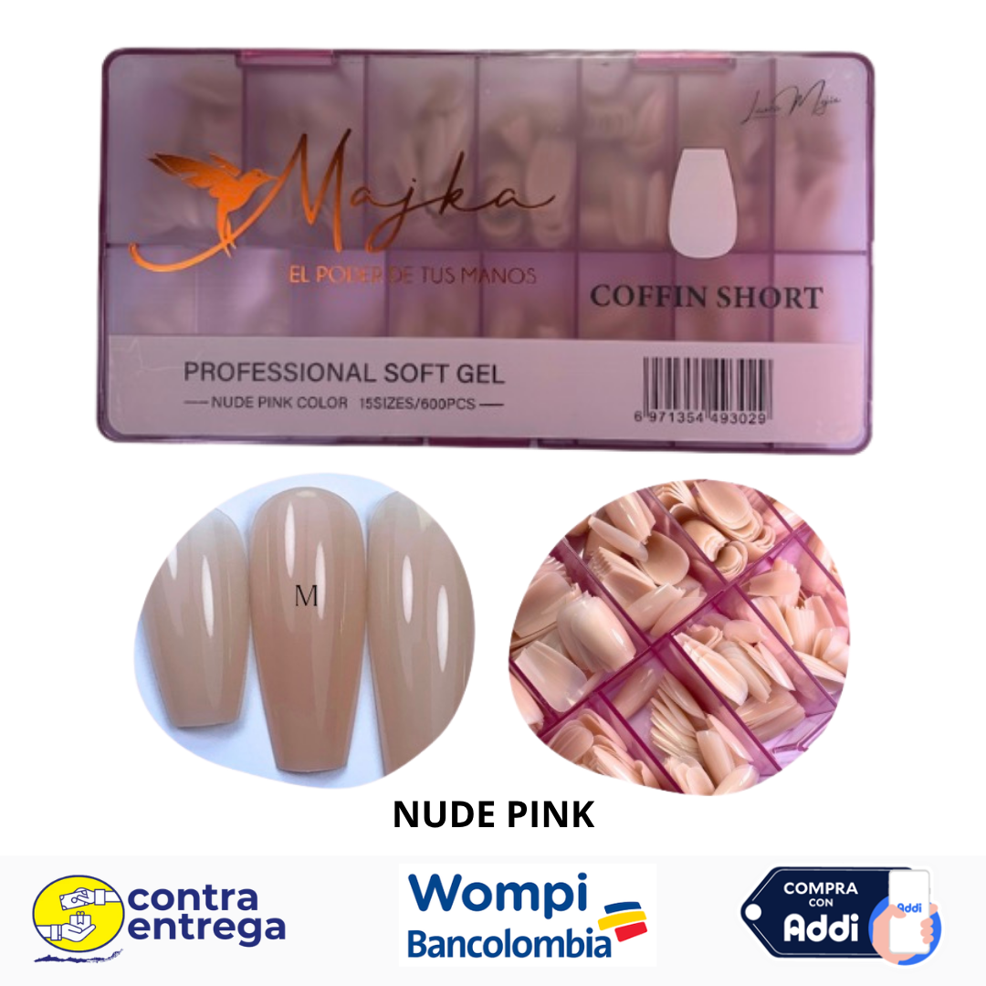 SET X600 UÑAS SOFT GEL COFFIN SHORT NUDE PINK MAJKA 🌸💅✨
