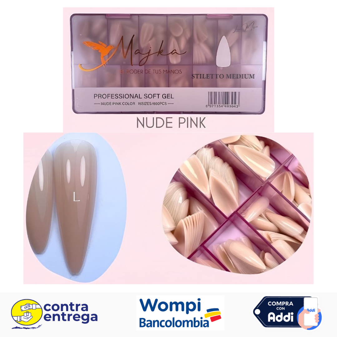 SET X600 UÑAS SOFT GEL STILETTO MEDIUM NUDE PINK MAJKA 🌸💅✨