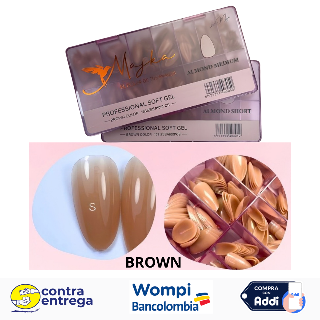 SET X600 UÑAS SOFT GEL ALMOND SHORT/MEDIUM BROWN MAJKA 🤎💅✨