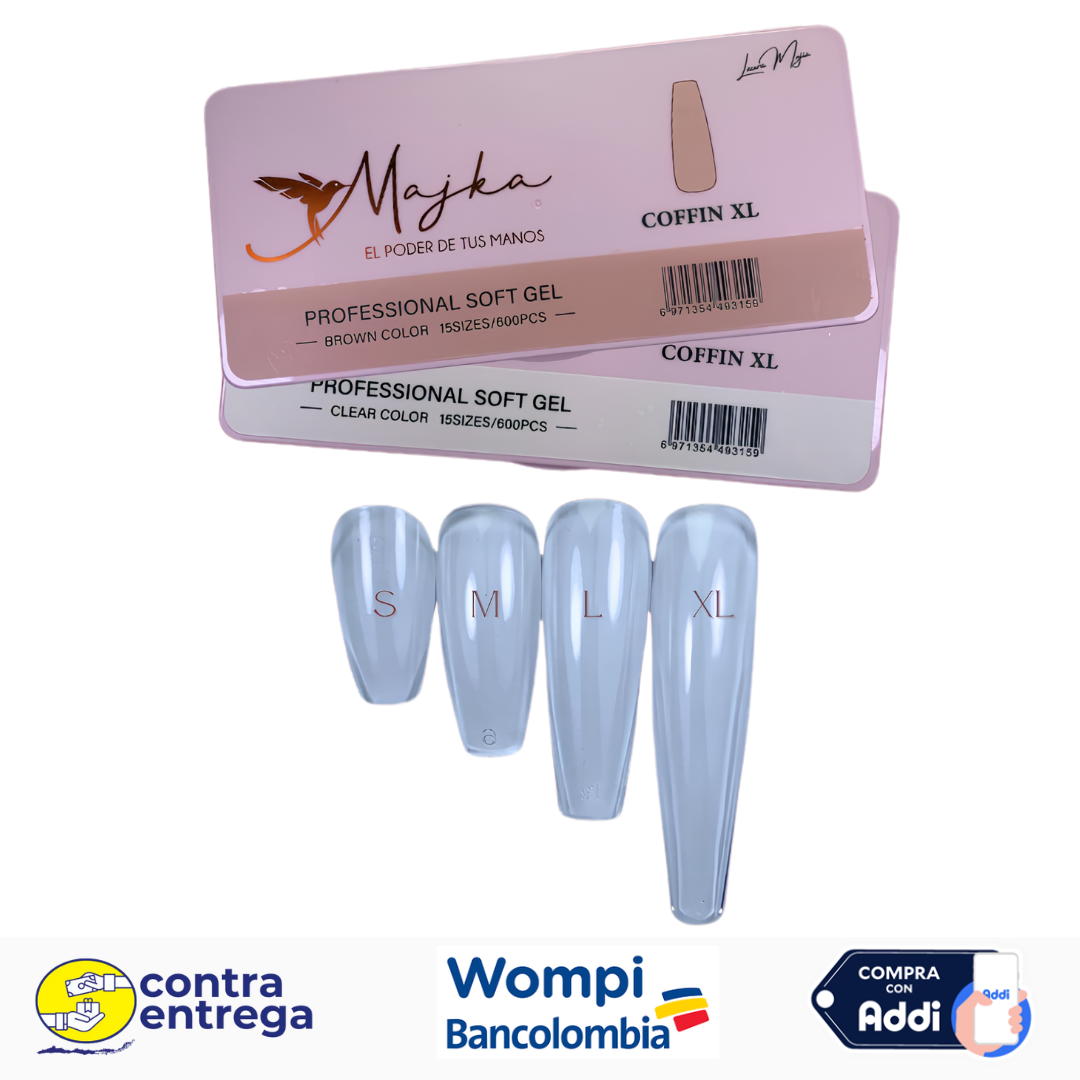 SET X600 UÑAS SOFT GEL COFFIN LONG/XL CLEAR MAJKA 💅💎✨