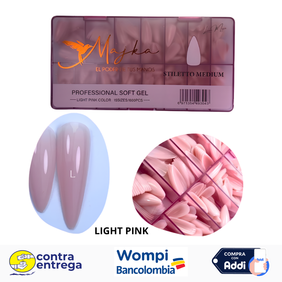 SET X600 UÑAS SOFT GEL STILETTO MEDIUM LIGHT PINK MAJKA 🌸💅✨