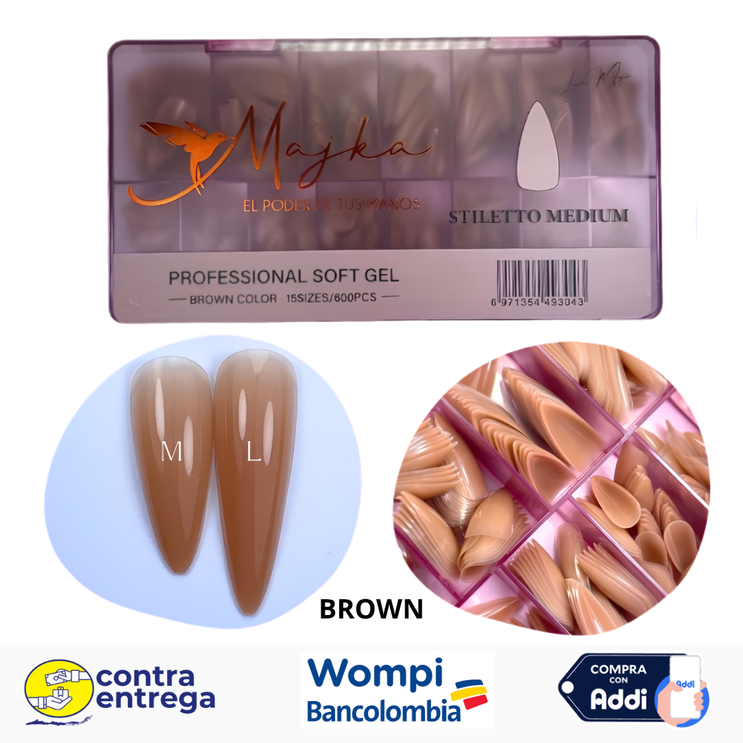 SET X600 UÑAS SOFT GEL STILETTO MEDIUM BROWN MAJKA 🤎💅✨