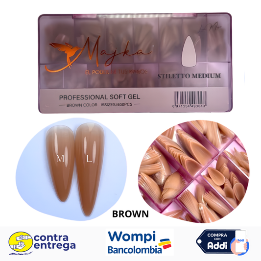 SET X600 UÑAS SOFT GEL STILETTO MEDIUM BROWN MAJKA 🤎💅✨