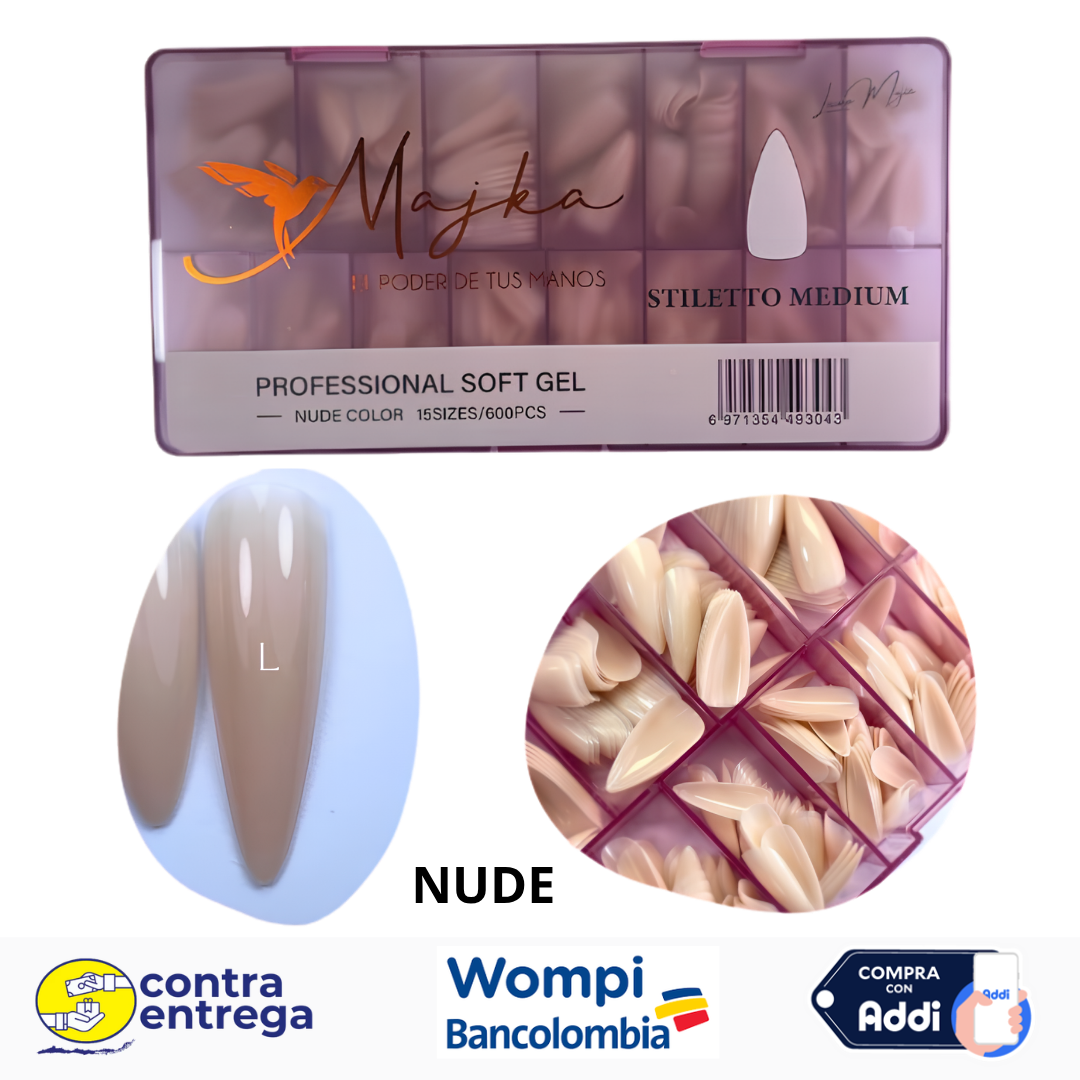 SET X600 UÑAS SOFT GEL STILETTO MEDIUM NUDE MAJKA🤍💅✨